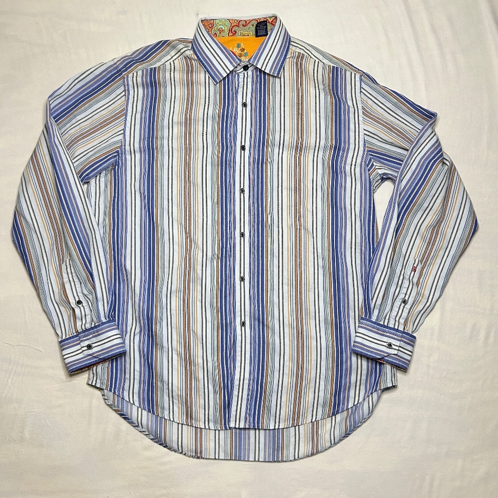 Robert Graham‎ Mens Size L Shirt Floral Stripe Flip Cuff Embroidered Silk Trim